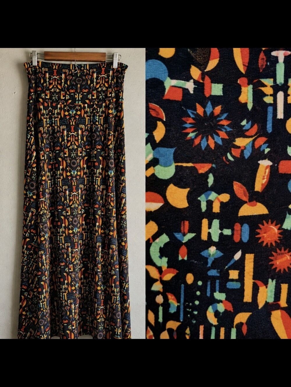 Vintage Inspired Folk Art Print Maxi Skirt Size M Geometric Scandinavian Boho